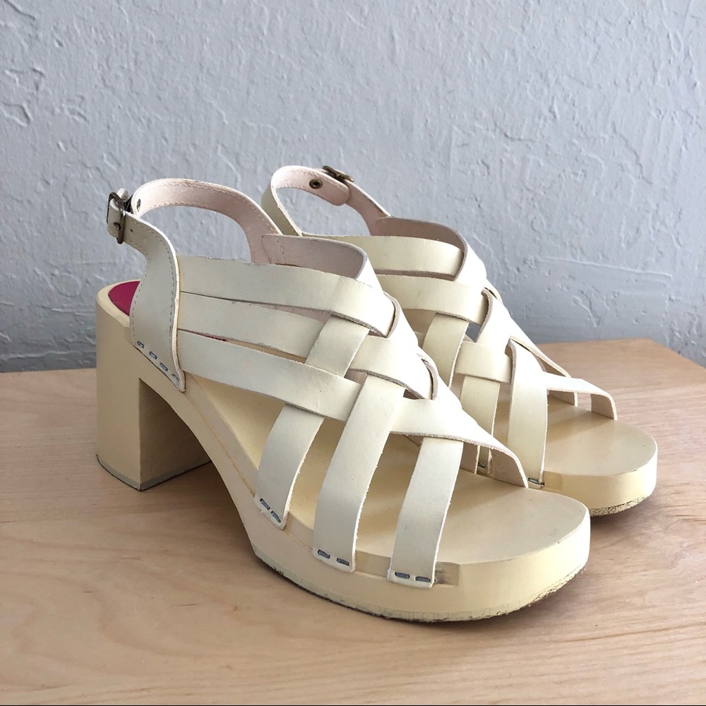 Swedish Hasbeens Vivi Caged Crisscross Leather Block Heel Clogs